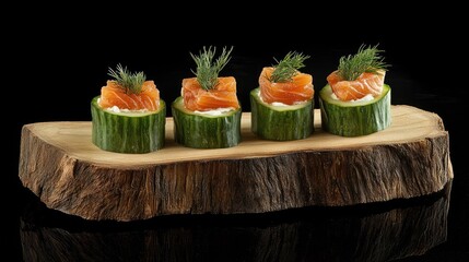 Appetizing smoked salmon and cucumber roll-ups with fresh dill and cream cheese, styled on wooden platter for clean food photography