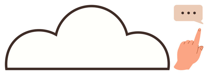 Cloud outline with hand pointing toward a speech bubble containing dots. Ideal for technology, data storage, interaction, communication, simplicity, connectivity, virtual representation. Bold simple
