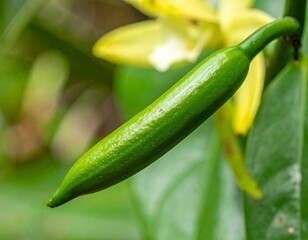 Vanilla Bean: A close-up view of a vibrant, green vanilla bean, showcasing its fresh, natural beauty with a blurred floral background and vivid details.