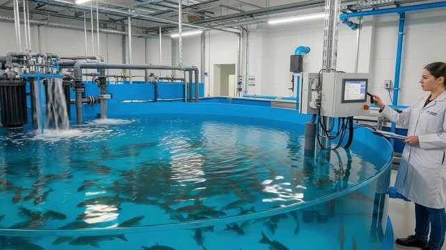 Female scientist operating a control panel at a modern indoor fish farm. Woman in a lab coat monitoring a large tank with fish in a recirculating aquaculture system.