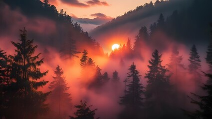 Fototapeta premium Crimson Dusk over Forest: A breathtaking view of a forest engulfed in a vibrant crimson sunset, with silhouettes of trees casting a mystical aura.