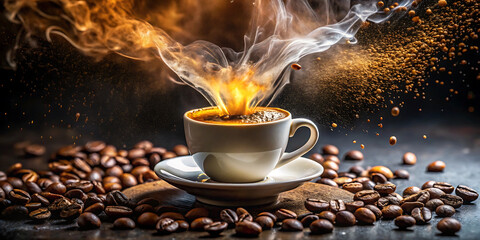A steaming cup of hot coffee surrounded by roasted beans, with aromatic smoke rising, evoking warmth and the invigorating start to a morning