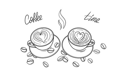 Black and white outline illustration hand drawn two cups with coffee latte art on saucer coffee beans inscription Coffee time Isolated on white background. Element for coffee themed design, cafe.