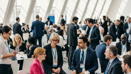 Diverse group of business professionals networking at a conference. Men and women collaborating during a corporate summit in a modern hall. - Powered by Adobe