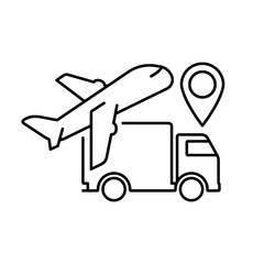 Outline vector icon depicting an airplane, a delivery truck, and a location pin. Concept for logistics or shipping services