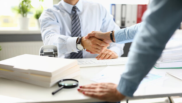 Business professionals engaging in a handshake to finalize a deal in a bright, modern office setting during the morning