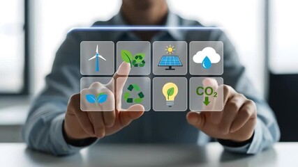 Touching icons of renewable energy and sustainability concepts on a futuristic interface - Powered by Adobe