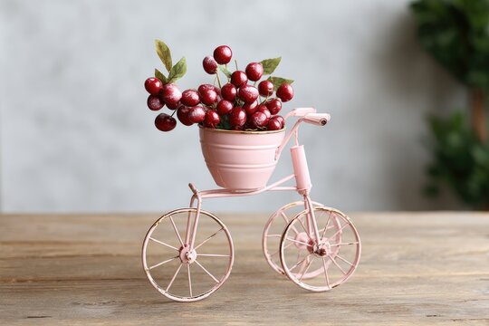 Miniature pink bicycle planter with red cherries - Powered by Adobe