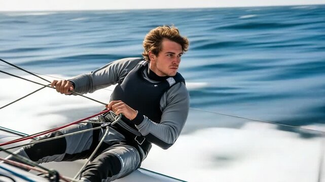 Young Caucasian man sailing a fast dinghy on the open sea. Athletic sailor hiking out and trimming the sails during a competitive race. Extreme water sports and adventure.