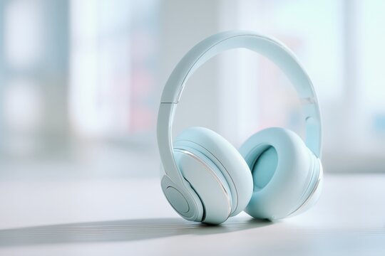 Modern wireless pastel headphones on white desk in natural light for audio branding and tech product mockup
