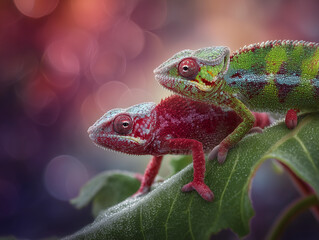 Chameleons on green leaf with bokeh background