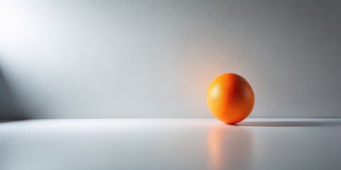 A solitary citrus fruit rests on a minimalist surface, bathed in soft light against a neutral backdrop