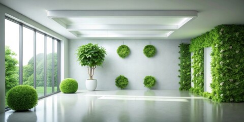 Modern minimalist interior design with vibrant green plants and expansive window showcasing a serene landscape