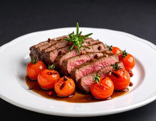 Grilled Beef Steak with Cherry Tomatoes and Rosemary on White Plate