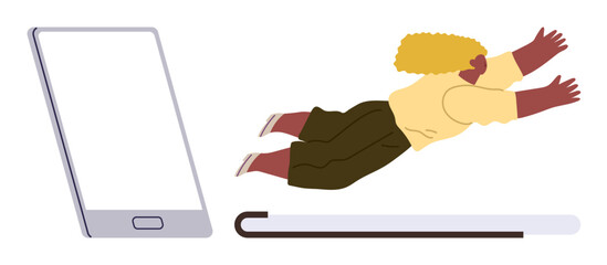 Woman leaping from a smartphone into an open book, symbolizing the shift from digital to learning. Ideal for education, technology, knowledge, innovation, transformation, digital literacy, growth