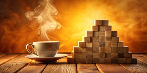 Aromatic Steam Rising from a Warm Beverage Beside a Wooden Block Structure Representing Growth and Progress