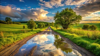 Serene Sunset Over Lush Green Meadow with Country Road Reflecting Clouds in Puddle