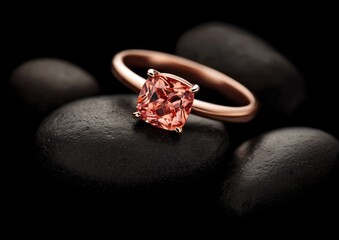Rose gold ring with peach-colored gemstone, on dark stones
