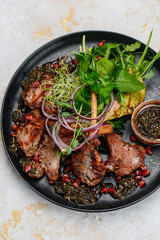 fried kebab on a plate with green onions and sauce on a macro photo background