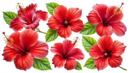 set of tropical red hibiscus flowers isolated - on a white background PNG. GENERATIVE AI