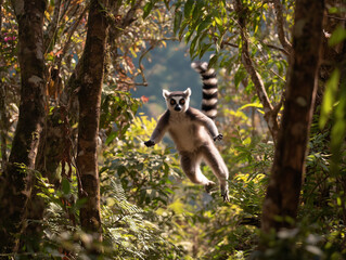 Lemur jumping between trees in Ranomafana
