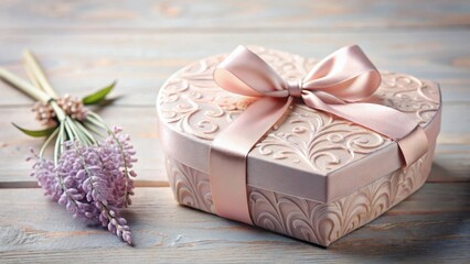 A delicately adorned heart-shaped gift box tied with a blush pink ribbon rests on a rustic wooden surface, accompanied by a small lavender bouquet.