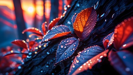Naklejka premium Ephemeral Dew: A stunning close-up of a vibrant, dew-kissed leaf, with its intricate patterns highlighted against the textured bark, evoking a sense of natural beauty and tranquility.