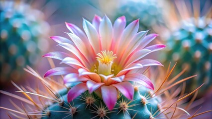 A delicate pink and white cactus blossom showcases its vibrant petals and intricate details, a testament to nature's artistry