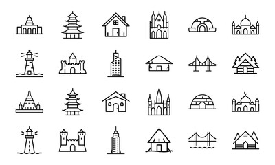Collection of Iconic Architecture Line Art – Set of Minimalist Landmark, House, and Structure Icons Including Temples, Castles, Igloos, Mosques, Huts, and Modern Buildings for Design and Illustration
