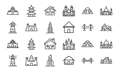 Fototapeta premium Collection of Iconic Architecture Line Art – Set of Minimalist Landmark, House, and Structure Icons Including Temples, Castles, Igloos, Mosques, Huts, and Modern Buildings for Design and Illustration