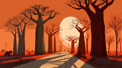 Baobab Avenue at sunset with long shadows
