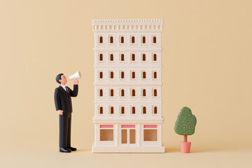 toy wooden businessman shouting through megaphone at a building.