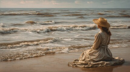 A woman sits contemplatively on a beach, watching the ocean waves.