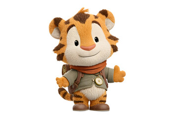 Obraz premium A brave tiger-cub explorer with a tiny backpack isolated.