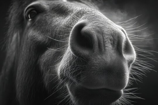 Detailed monochrome close-up of a horse's muzzle with intricate whiskers and expressive features. - Powered by Adobe