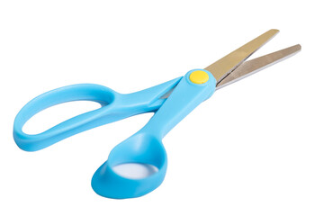Blue scissors slightly open, isolated on a white background,