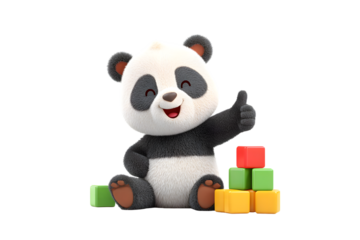 A joyful panda sitting next to a box of building blocks and giving a thumbs up to the camera, 3d animation, isolated on white