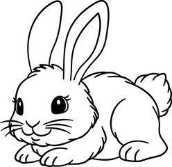 Cute black and white vector illustration of a smiling rabbit isolated on a white background.
