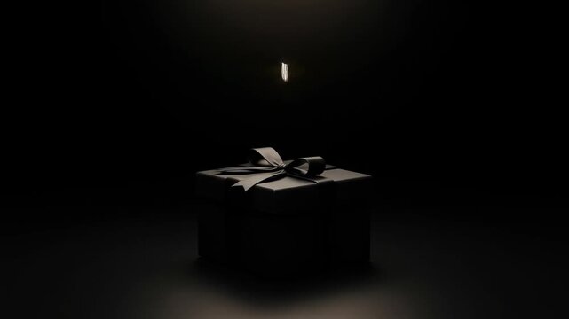 Black Friday. Minimalist composition with a black present box and glowing text on a dark background for holiday shopping and discounts.