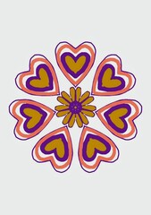 A vibrant mandala-style design featuring eight layered heart shapes radiating around a central floral pattern. Bold colors like purple, orange, and gold give it a playful and loving aesthetic.