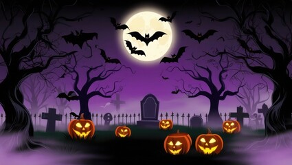 Spooky Halloween night with glowing pumpkins, bats, and full moon.