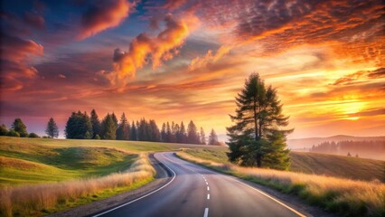 Serene Asphalt Road Winding Through Lush Green Meadows Under a Vibrant Sunset Sky
