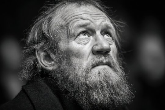 Elderly man with a long beard gazing upwards in thoughtful contemplation.