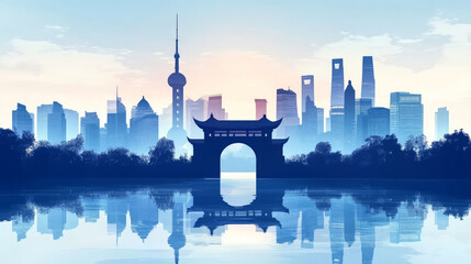 Obraz premium New Chinese-style classical architecture and city skyline silhouette illustration