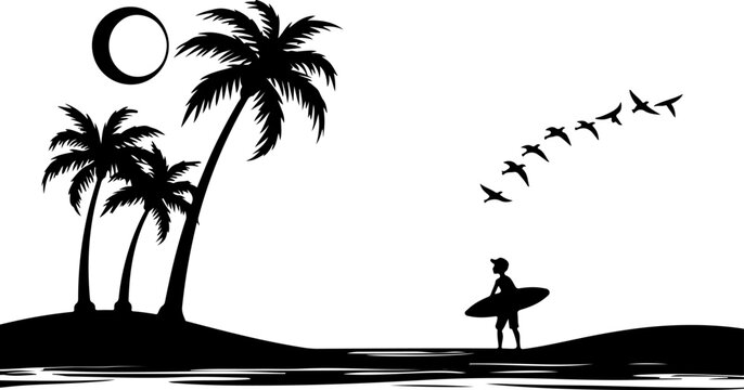 Black silhouette surfing vector, tropical beach scene, palm trees, surfer with board