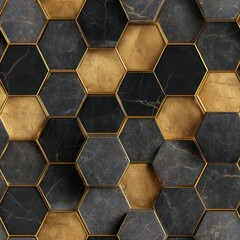 Abstract hexagon pattern with gold and black marble