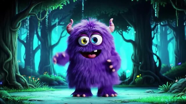 Purple monster dancing in enchanted forest