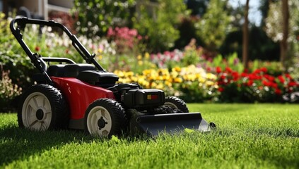 A vibrant lawn with a red lawnmower parked on lush green grass, surrounded by colorful flowers in the background.