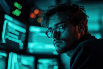 Cyberpunk hacker lit by glowing screens