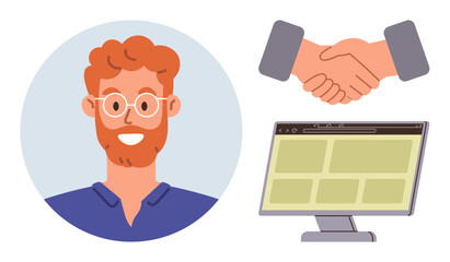 Smiling man with glasses in a circle frame beside a handshake and a computer screen with open browser tabs. Ideal for partnership, networking, online communication, teamwork, digital services
